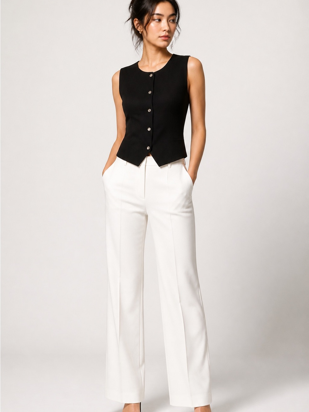 Sleeveless Button-Front Knit Top in Black